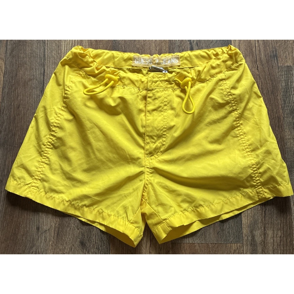 Vintage Y2K Guess Jeans Yellow Nylon Drawstring Shorts Womens Made In Macau Sz24